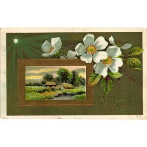 Antique Easter Postcard Cottage Scene White Flowers Series D No‎ 27